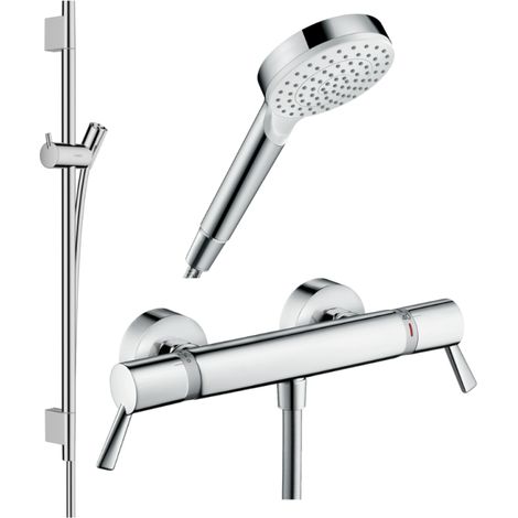 Pack mitigeur douche thermostatique HANSGROHE Ecostat Comfort Care + Barre Unica S Puro + flexible + Pommeau Crometta blanc/chromé
