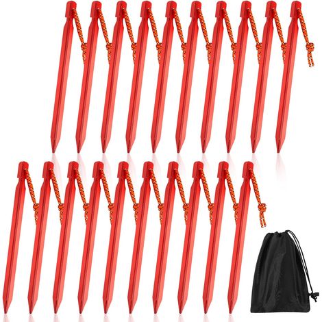 Estacas para tienda de campaña, juego de 20 estacas de aluminio rojo, 18 cm, con cuerda y bolsa de almacenamiento para camping o lona de playa. (1/5)