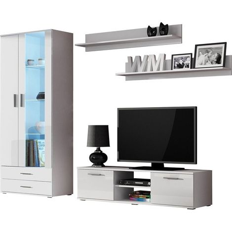 Conjunto de salón Charlotte E117, Blanco + Blanco brillante, Con mesa de TV, Con equipo adicional, Partes separadas, MDF, Aglomerado laminado, Vidrio, 192x43cm, LED (1/5)