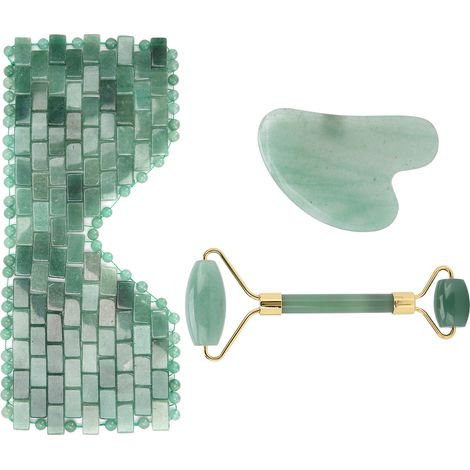 Lot de 3 Rouleaux de Jade Vert Massage Visage, Pierre de Gua Sha, Bandeau de Thérapie, Outil de Beauté Anti-Âge Peau (1/5)