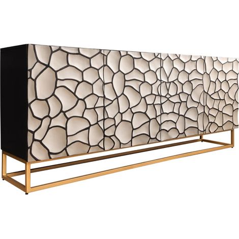 Buffet TERRAKAN 180 cm – Massivholz schwarz und weiß geschnitzt mit goldenen Füßen