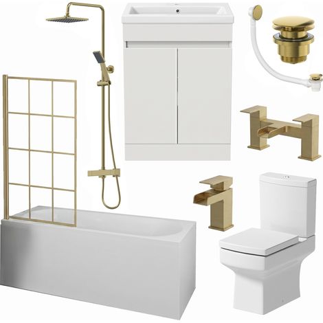 Complete Bathroom Suite Brass Bath Shower Screen Basin Vanity Taps Toilet 1700