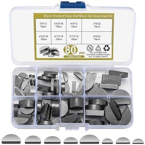 80 Stk Federkeile Sortiment, Halbmond Paßfeder Set, 3-4-5-6 mm Scheibenfeder-Sortiment-Kit, Mitnehmerkeil Satz, Schwungrad Riemenscheibe Kurbelwellen Sortiment Kit (1/5)