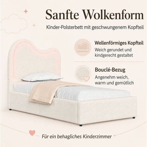 Letto imbottito singolo 90x200 cm per bambini con contenitore idraulico e rete, bianco bouclé (1/2)