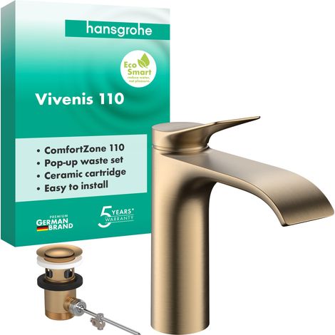 Mitigeur de lavabo avec tirette de vidage, robinet de salle de bain avec bec hauteur 110 mm, mitigeur lavabo économe en eau, bronze brossé (1/5)