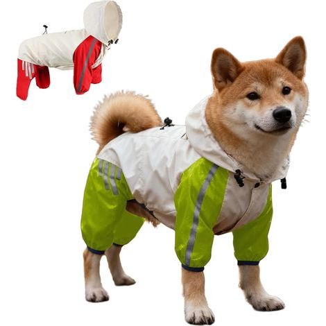 Manteau de pluie pour chien - Imperméable - Avec jambes - Cordon de serrage réglable - Pour chiot - Manteau imperméable avec trou pour vaisselle - Bandes réfléchissantes - Veste à capuche pour petit (1/5)