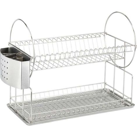Égouttoir Vaisselle Inox 2 étages Exclusif Duo , Egouttoir évier avec panier couvert et support assiettes, Acier Inox, 21x33x49 cm, Argent Brillant (1/4)