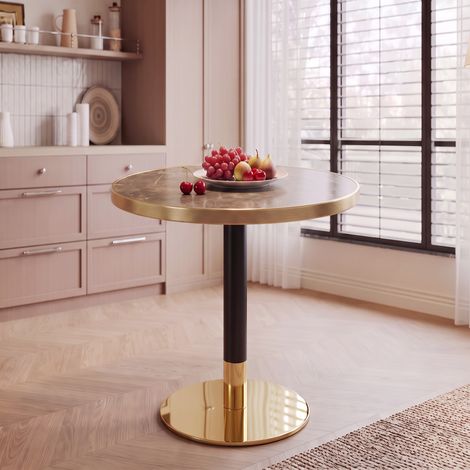 Table d'appoint ronde moderne, plateau aspect marbre avec bord doré, cadre en métal stable noir/or, table basse pour salon et chambre (1/5)