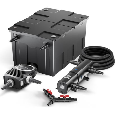 SunSun Komplettset: CBF-550 Teichfilter bis 60000L Teichfilteranlage als Durchlauffilter, NEO10000 Teichpumpe 10000l/h 80W, CUV-236 Teichklärer UVC Klärer mit 36W, 25m Teichschlauch 25 mm, Y-Verteiler (1/5)