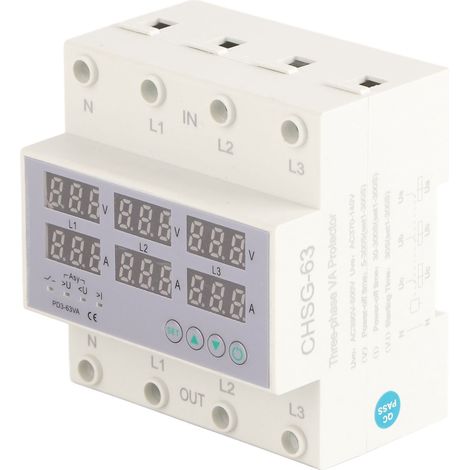 SJLERST Ampèremètre Voltmètre à Rail DIN triphasé, AC 390 à 500V Dispositif de Protection de Courant à Réponse Rapide Protecteur Automatique de Surtension contre les Surintensités ,63A (1/5)