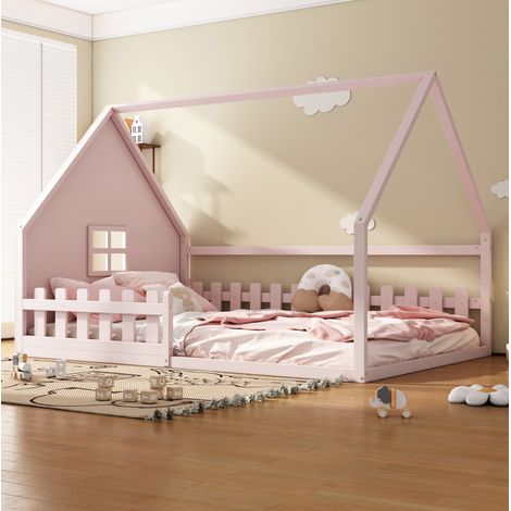 Lit enfant cabane 140x200 cm, en pin et MDF, rose, avec barrières de sécurité (1/5)