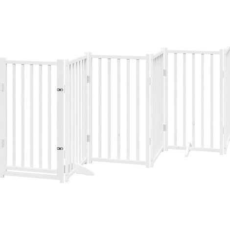 Barrière de sécurité pour chien animaux de compagnies avec porte 6 panneaux bois de sapin massif blanc