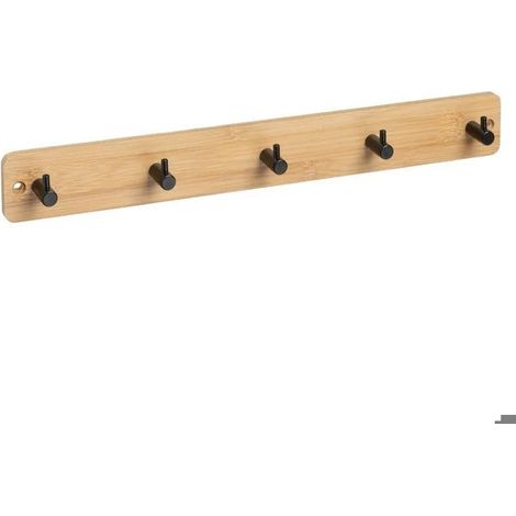 Patère murale en bois de bambou naturel dotée de 5 crochets cylindriques noirs-Longueur 40 x Profondeur 4 x Hauteur 5 cm (1/5)