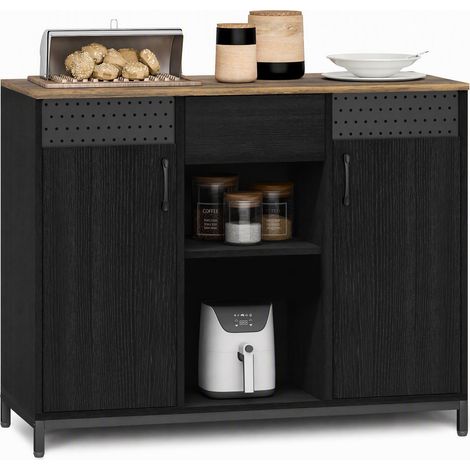 Buffet 2 portes ajourées, 2 compartiments et un tiroir, étagères réglables, 100 x 40 x 80 cm, noir (1/5)