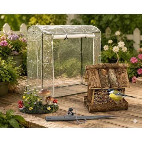 Ensemble de jardinage d'extérieur (3 pièces) – Piquet pour parasol gris, mangeoire à oiseaux en bois et serre XL pour tomates (1/5)
