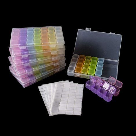 6er-Pack Aufbewahrungsboxen für Diamantmalerei mit 28 Fächern, 5D-Diamantmalerei-Zubehör, Diamantstickerei, Nagelsteine, mehrfarbig, inklusive 400 Basteletiketten (1/5)