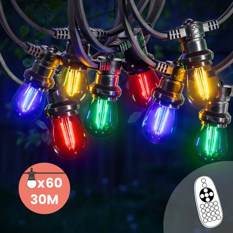 Guirlande Guinguette 30M 60 Bulbes Filament Rouge Bleu Jaune Vert avec Variateur de Luminosité et Télécommande - Guirlande Lumineuse Ampoule E27 à Intensité Variable - Guirlande Guinguette Led (1/5)