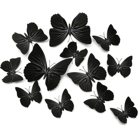 CSPARKV 12er-Pack Schmetterlingsaufkleber, 3D-Schmetterlings-Wandaufkleber, wasserdichte magnetische Kühlschrankaufkleber mit Klebeband für Schlafzimmerdekor (schwarz)