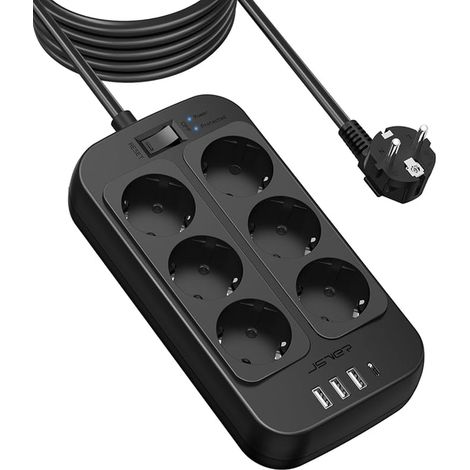 USB Power Strip Surge Protector, 6 Sockets with 4 USB Ports Travel Charger 5 V 3.4 A/17 W Surge Protector and Surge Protector with Switch Cable 5 m for Smartphone Tablet - Black (1/2)