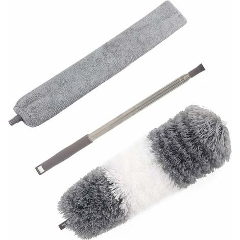 Kit de dépoussiérage haute portée, comprend un plumeau en microfibre pliable, une brosse de nettoyage amovible et un manche d'extension en acier inoxydable de 76 à 254 cm, pour ventilateur de plafond (1/5)