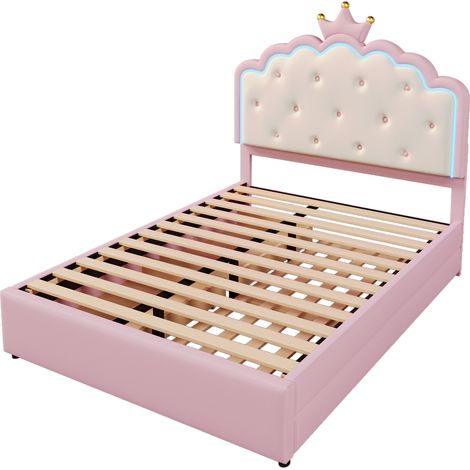 Cama infantil tapizada 140 x 200 cm PU rosa con somier, LED, cama nido y 2 cajones (1/5)