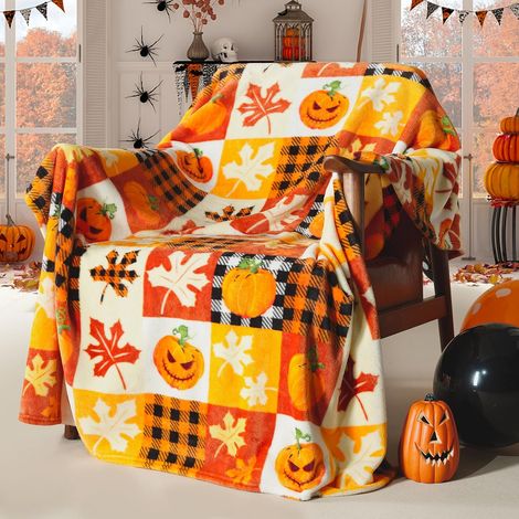 Plaid en flanelle Halloween - 127 x 152 cm, polaire douce et moelleuse à motif citrouille et feuilles d'automne, plaid douillet et luxueux pour canapé ou lit, idéal pour la décoration automnale. (1/5)