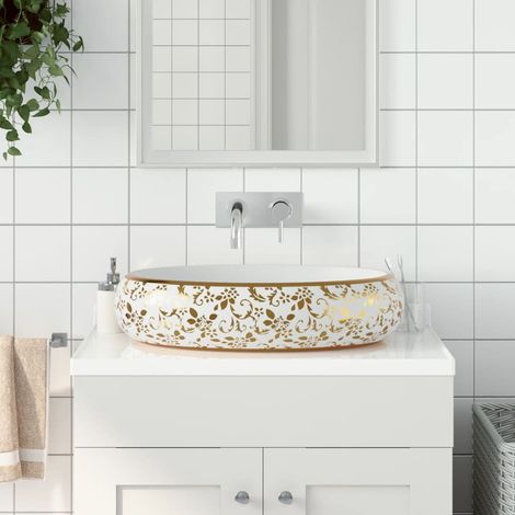 Vasque à poser-Lavabo blanc et doré ovale 59x40x15 cm céramique 952620 (1/5)