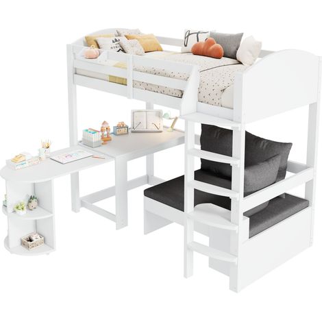 Lit mezzanine enfant 90x200 cm avec bureau coulissant, canapé de rangement et étagères, blanc (1/5)