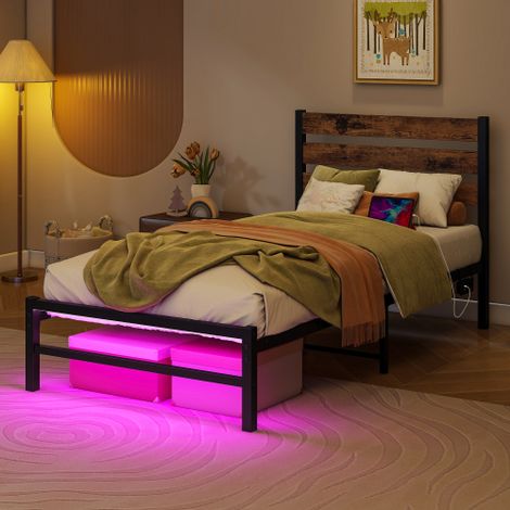 Bettrahmen mit Kopfplatte, Metallbettrahmen mit USB-Ladestation, LED-Bettrahmen, Starke Stahlschicht-Unterstützung, Unter Bettlagerung, Keine Boxfeder erforderlich, Lärmfrei, Einfache Montag