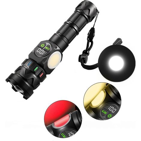 Linterna LED ultrapotente de alta capacidad de 7000 mAh, 1000 000 lúmenes, potente linterna COB recargable con zoom, 9 modos, ideal para camping, senderismo y emergencias [Clase energética A+++]