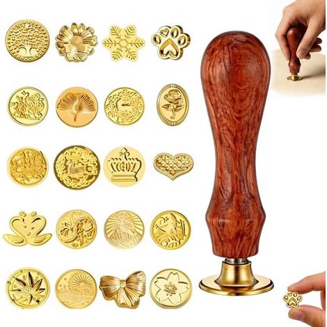 Coffret de tampons à cire vintage - 20 motifs uniques - Manche en bois - Coffret de tampons à cire - Tampon à cire de luxe - Vintage avec tampons en laiton (1/5)