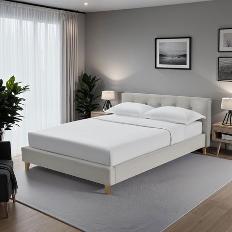 Lit 140x190 cm avec tête de lit en tissu chiné beige et pieds bois