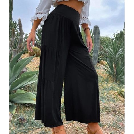Pantalon large femme, taille haute, couleur unie, coupe ample, décontracté, idéal pour le quotidien et le yoga, noir, taille L (1/4)