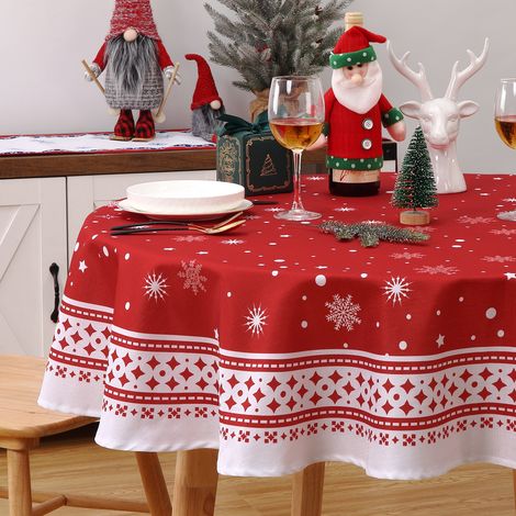 Nappe de Noël imperméable & essuyable motif flocons et étoiles, protection anti-taches, lavable, pour table salle à manger/fête/pique-nique – Ronde Ø152 cm (60") – Teinte rouille clair -60ROUND (1/5)