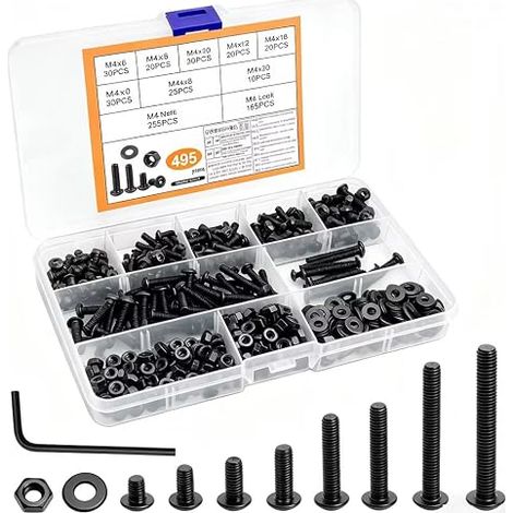 495 Pcs Screws M4, Cylinder Head Socket Screws Bolt and Nuts, Bolt Black Hex Socket Head Screws for metals with washers (1/5)