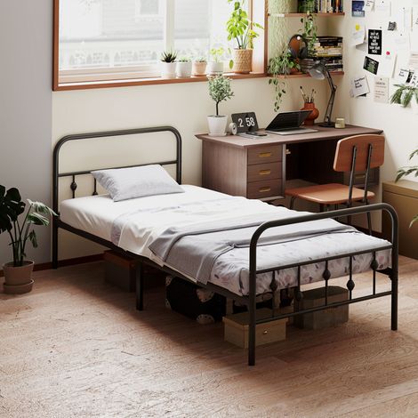 Cadre de lit 90 x 200 cm en métal, pliable et silencieux, avec rangement sous le lit, noir, pour chambre ou chambre d'amis – CHICFURN (1/5)