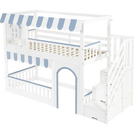 Letto a castello 90x200 cm con scala contenitore, bianco e blu, pino MDF compensato (1/5)