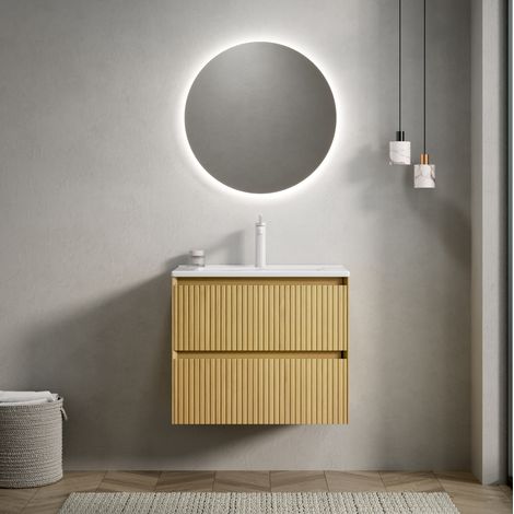 Mobile lavabo sospeso moderno 61 cm con lavabo integrato in ceramica bianca, 2 cassetti soft-close, finitura rovere dorato (1/5)