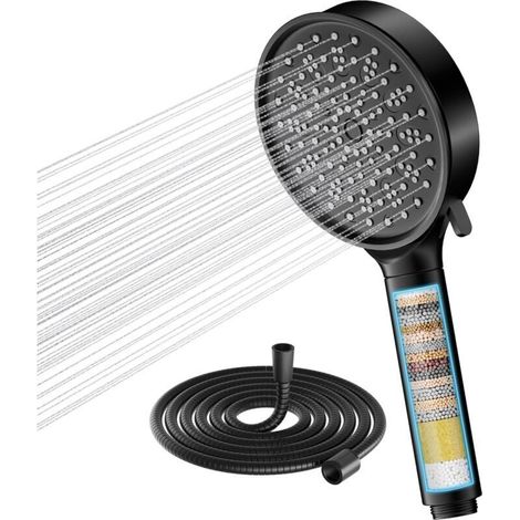 Filtre Pommeau de douche Anti Calcaire avec 20 Étapes Filtre et avec Tuyau 1,5M, 6 Types de Jets Pommeau Économie Deau Haute Pression (Noire) (1/5)