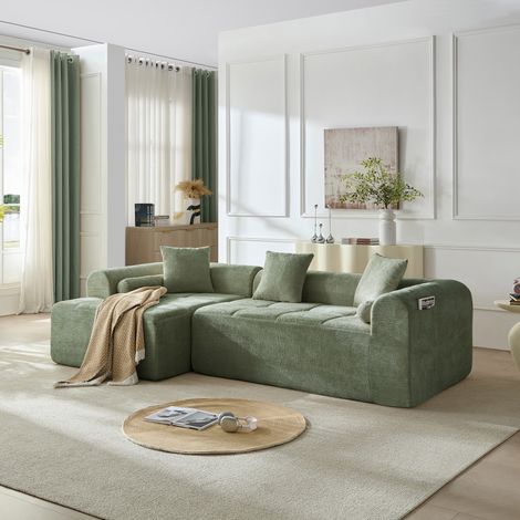 Canapé d’angle vert 263 cm en chenille, ressorts et mousse haute densité, 2 colis (1/5)