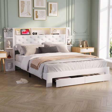 Lit avec tiroirs 140x200 cm – Tête de lit avec étagère, 2 tiroirs, Éclairage LED et port USB, sommier à lattes, Velours, Blanc (1/5)