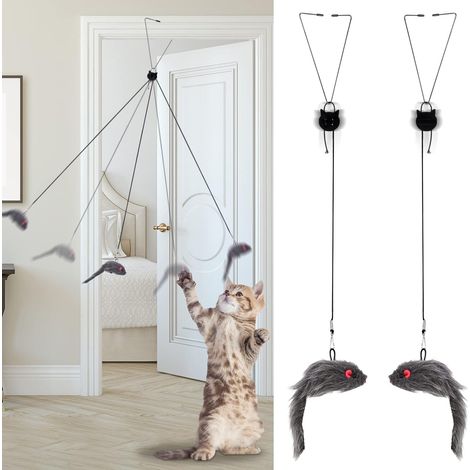 Lot de 2 jouets interactifs pour chat à suspendre à la porte, souris en peluche, jouets de poursuite et divertissement sportif, idéal pour chats d'intérieur et chatons (1/5)