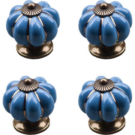 Juego decorativo de 4 tiradores de cajón de cerámica vintage con forma de calabaza, 40x40 mm (diámetro x altura) - Azul (1/5)