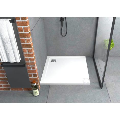 ECOLAM Receveur de douche carré plat Geos Polimat 90x90 cm Hauteur:4,5 cm, Profondeur: 1,5 cm + siphon. Receveur de douche blanc acrylique (1/5)