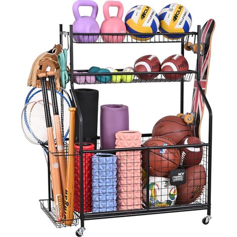 Chariot de rangement sport 3 niveaux métal noir texturé, grande capacité sur roulettes, support balles, haltères et accessoires sport, garage‑salle de sport‑cour extérieure (1/5)