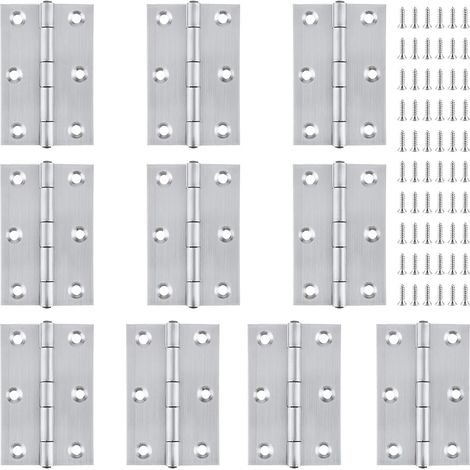 Juego de 10 bisagras de acero inoxidable para puertas de armarios, 75 mm, plegables, con 60 tornillos, para armarios, ventanas y puertas, color plata. (1/5)