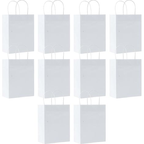 Lot de 10 Sacs Cadeaux en Papier Kraft Blanc, 21x15x8 cm, Poignées Torsadées Robustes pour Anniversaire, Mariage