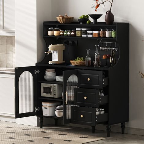 Armoire haute avec prises électriques et tiroirs  Meuble bar avec porte-verres à vin et rangements  Buffet de cuisine avec étagères réglables — Le choix idéal pour la cuisine et la salle à manger (Noi