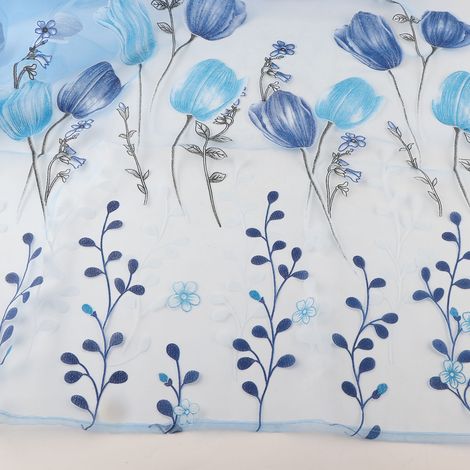 Voile imprimé tulipe 100x200 cm, rideau vaporeux bleu pour décoration fenêtre balcon
