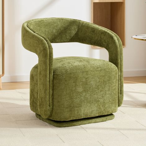 Fauteuil pivotant 065, rotation à 360°, design tonneau, fauteuil lounge pour salon et coin lecture, fauteuil d'appoint en chenille texturée, vert (1/5)